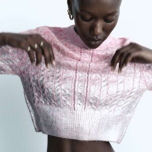 Zara Pink Metallic  Short-Sleeve Cable Knit Sweater
